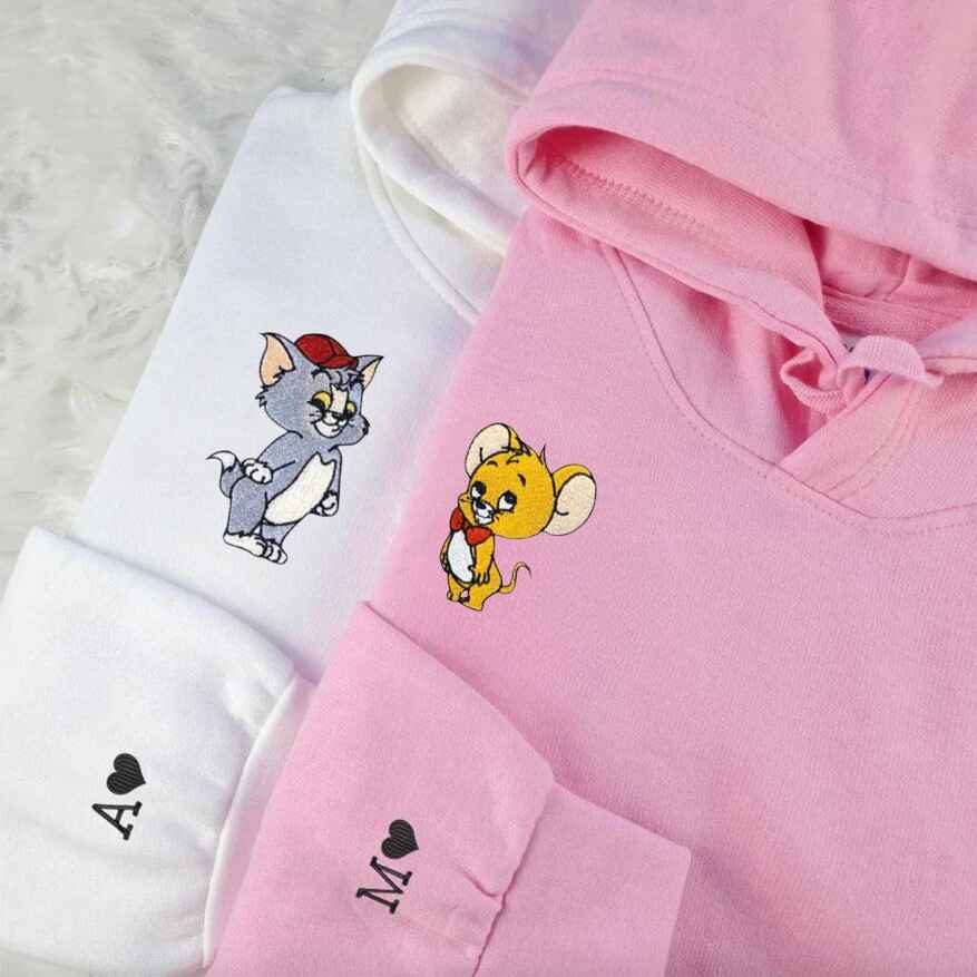 Custom Couple Hoodies - Embroidered Tom and Jerry Characters for custom couple hoodies
