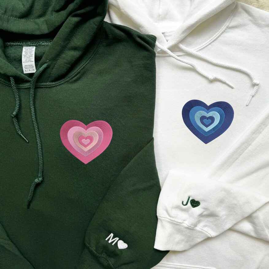 Matching Couple Hoodies with Layered Heart Design - couples matching hoodies
