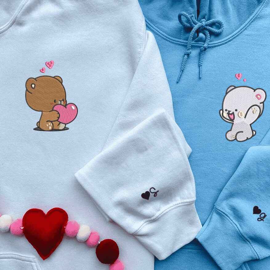 Embroidered "Bear Holding Heart" Couple Hoodies - personalized couple hoodies
