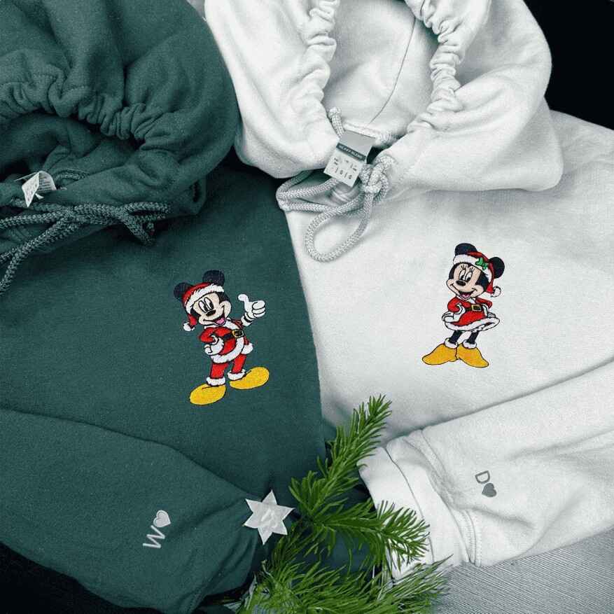 Matching Couple Hoodies - Embroidered Christmas Mickey and Minnie for matching couple sweatshirts
