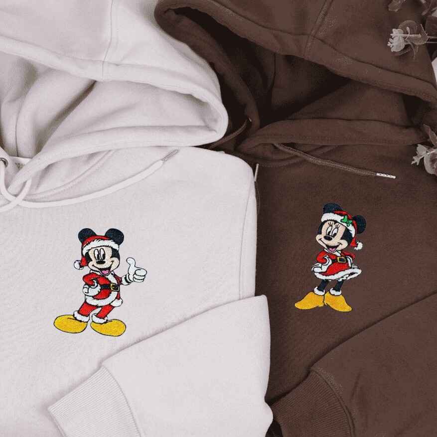 Matching Couple Hoodies with Festive Mickey and Minnie Christmas Embroidery - couples matching hoodies
