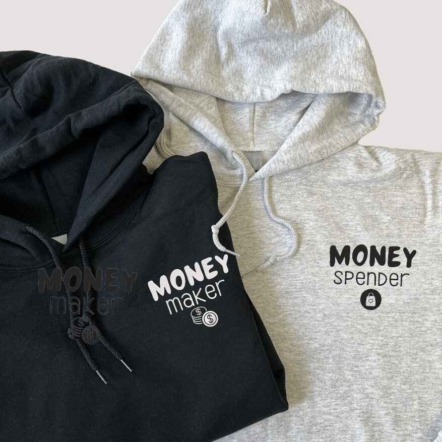 Personalized Couple Hoodies with "Money Spender" and "Money Maker" Embroidery - custom couple hoodies
