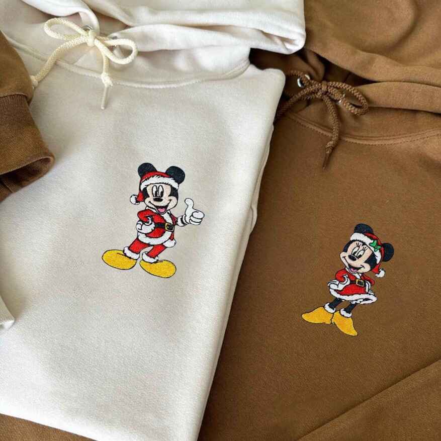 Matching Couple Hoodies with Festive Mickey and Minnie Christmas Embroidery - couples matching hoodies
