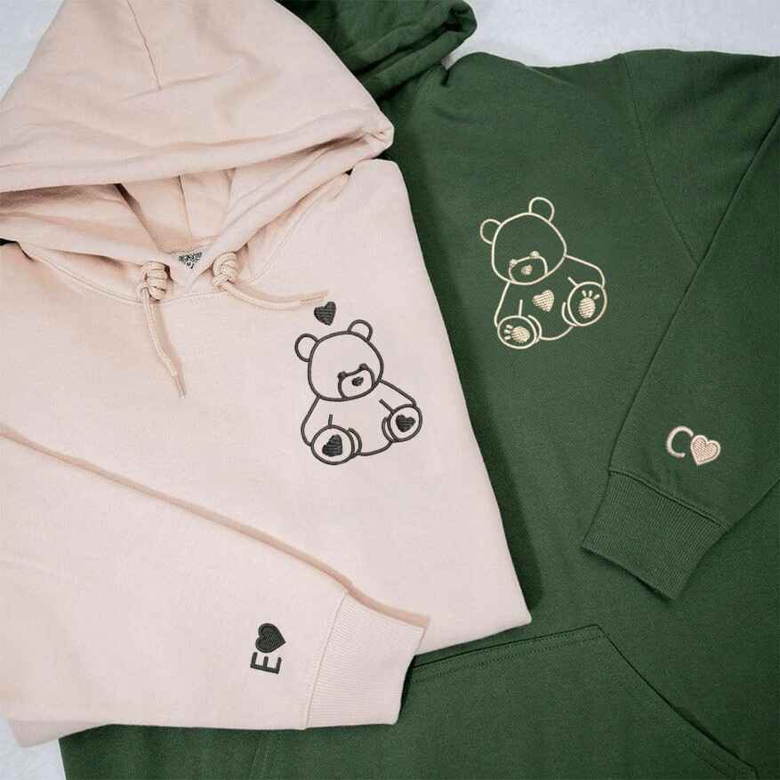 Matching Couple Hoodies with Embroidered Teddy Bear Design for couples matching hoodies
