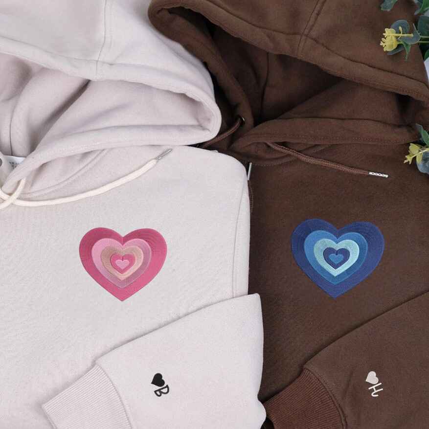 Personalized Couple Hoodies with Embroidered Hearts - custom couple hoodies
