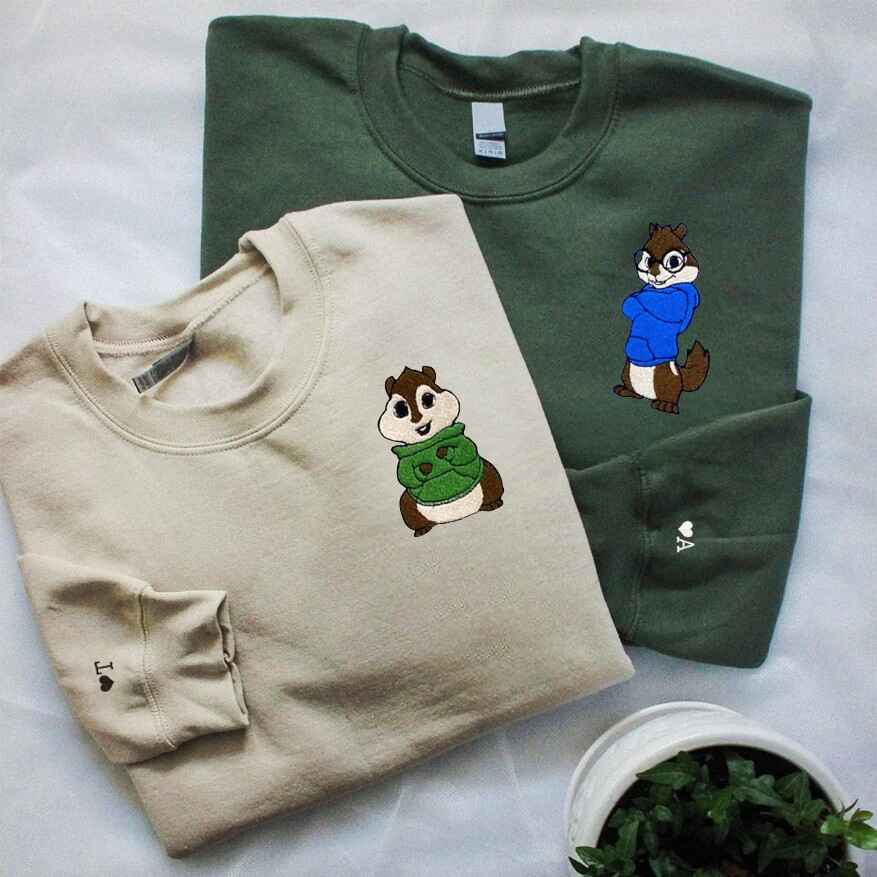 Matching Couple Sweatshirts with Embroidered Chipmunk Design for couples matching hoodies
