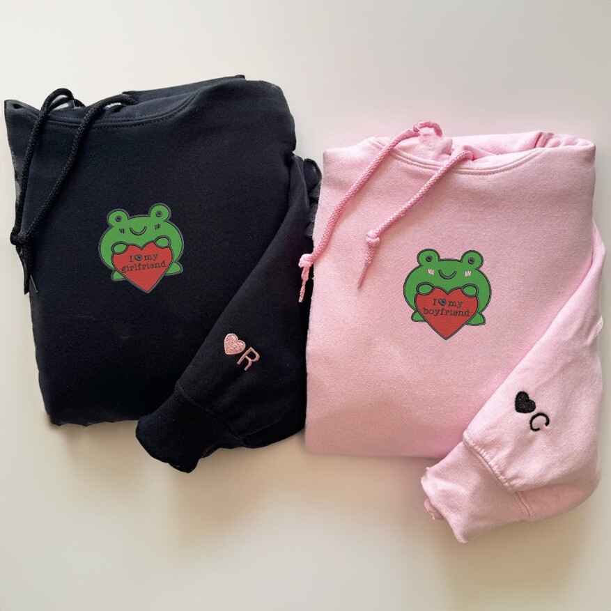 Matching Couple Hoodies with Frog Heart Design - couples matching hoodies
