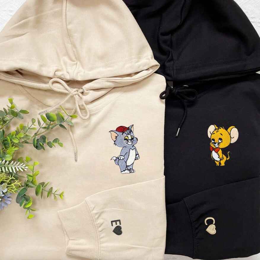 Custom Couple Hoodies - Embroidered Tom and Jerry Characters for custom couple hoodies
