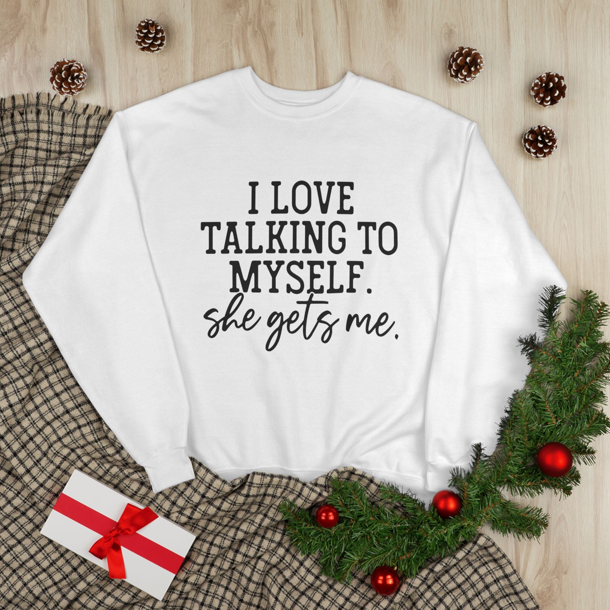 White self-love sweatshirt with bold black typography print