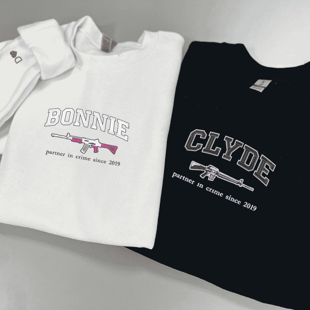 "Bonnie and Clyde" anniversary sweatshirt with bold typography