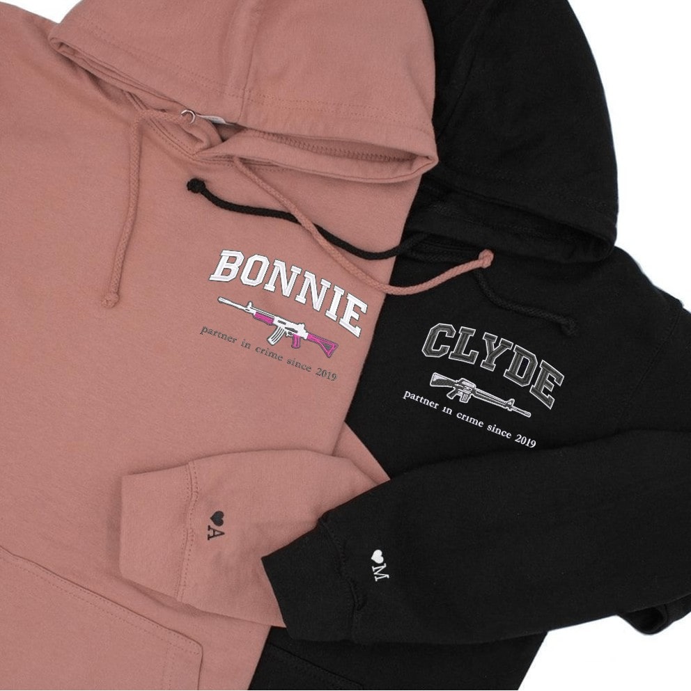 Matching anniversary sweatshirts for couples with Bonnie and Clyde theme