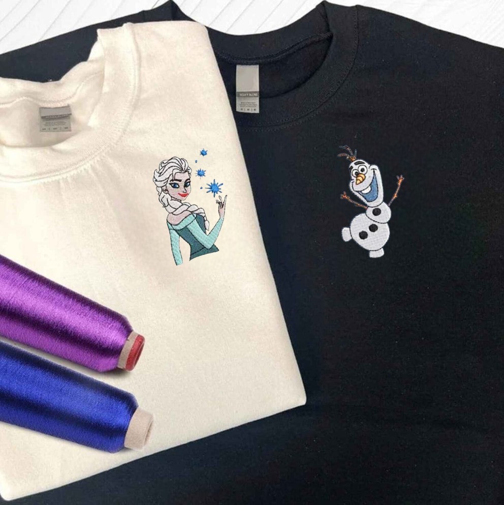 Olaf on a black sweatshirt, detailed embroidery of his playful character.