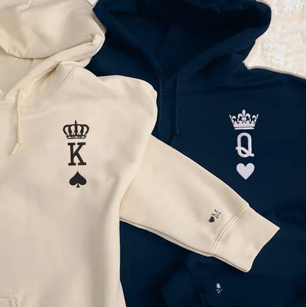 Matching "King & Queen" hoodies with crown and initials