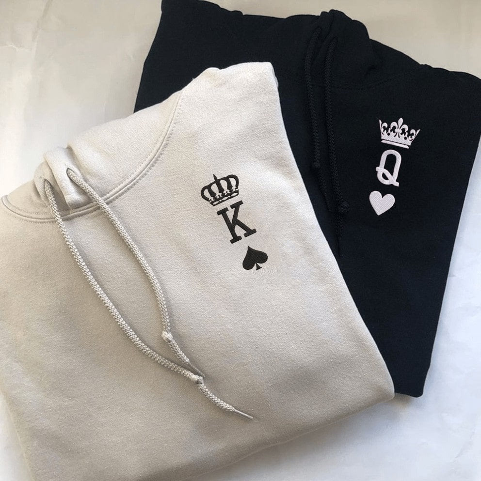 Personalized couple hoodies featuring spade and heart designs