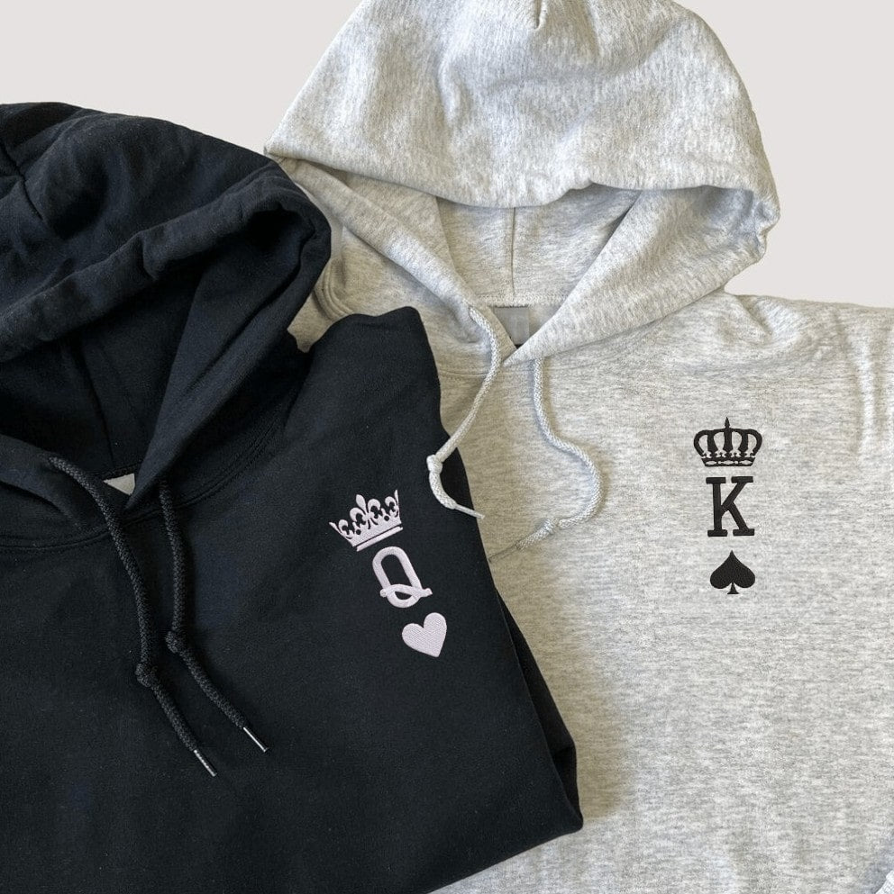 "K" and "Q" matching hoodies for couples with custom embroidery