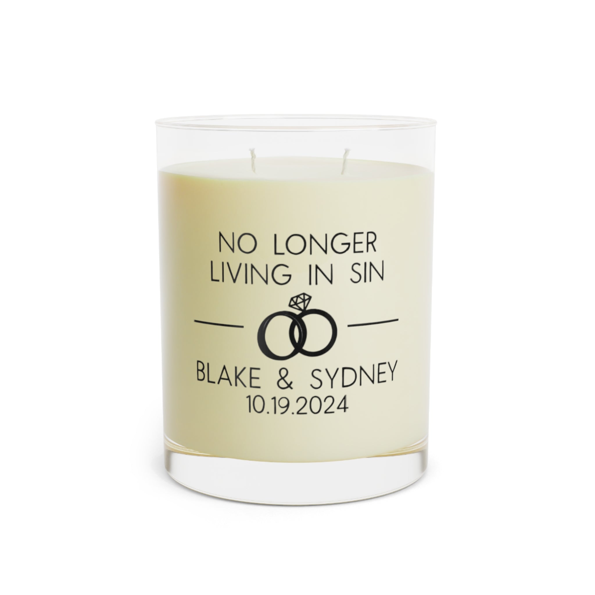 Dual wick 'No Longer Living in Sin' candle for romantic ambiance