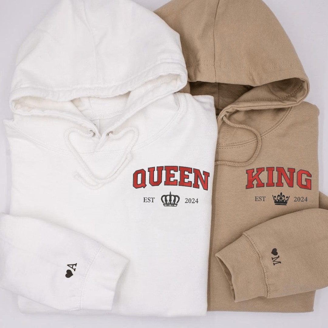 Queen and King Matching Hoodies with bold crown designs and EST 2024 detail, perfect for couples.