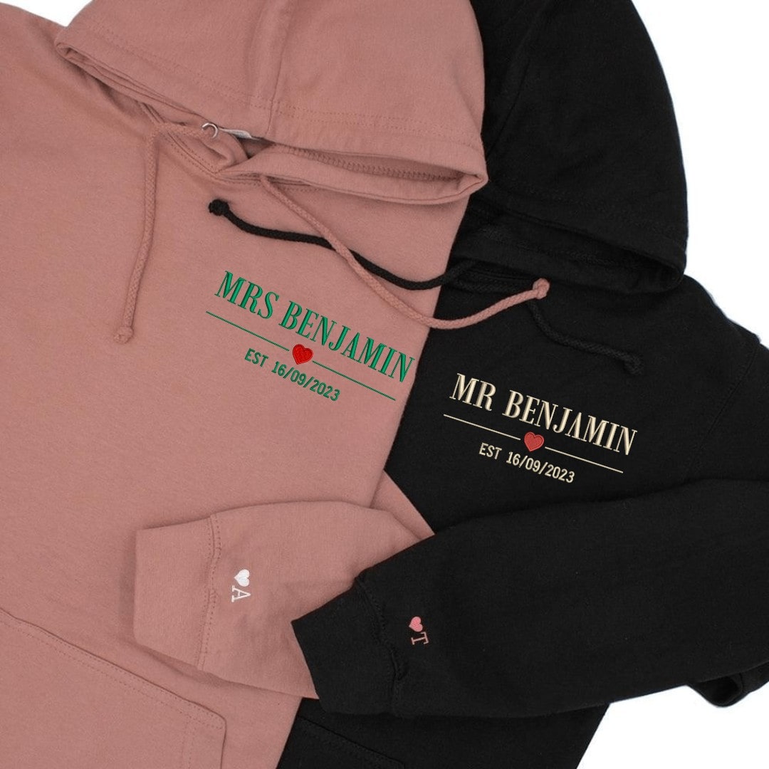 "Mr." and "Mrs." personalized hoodies with anniversary date embroidery