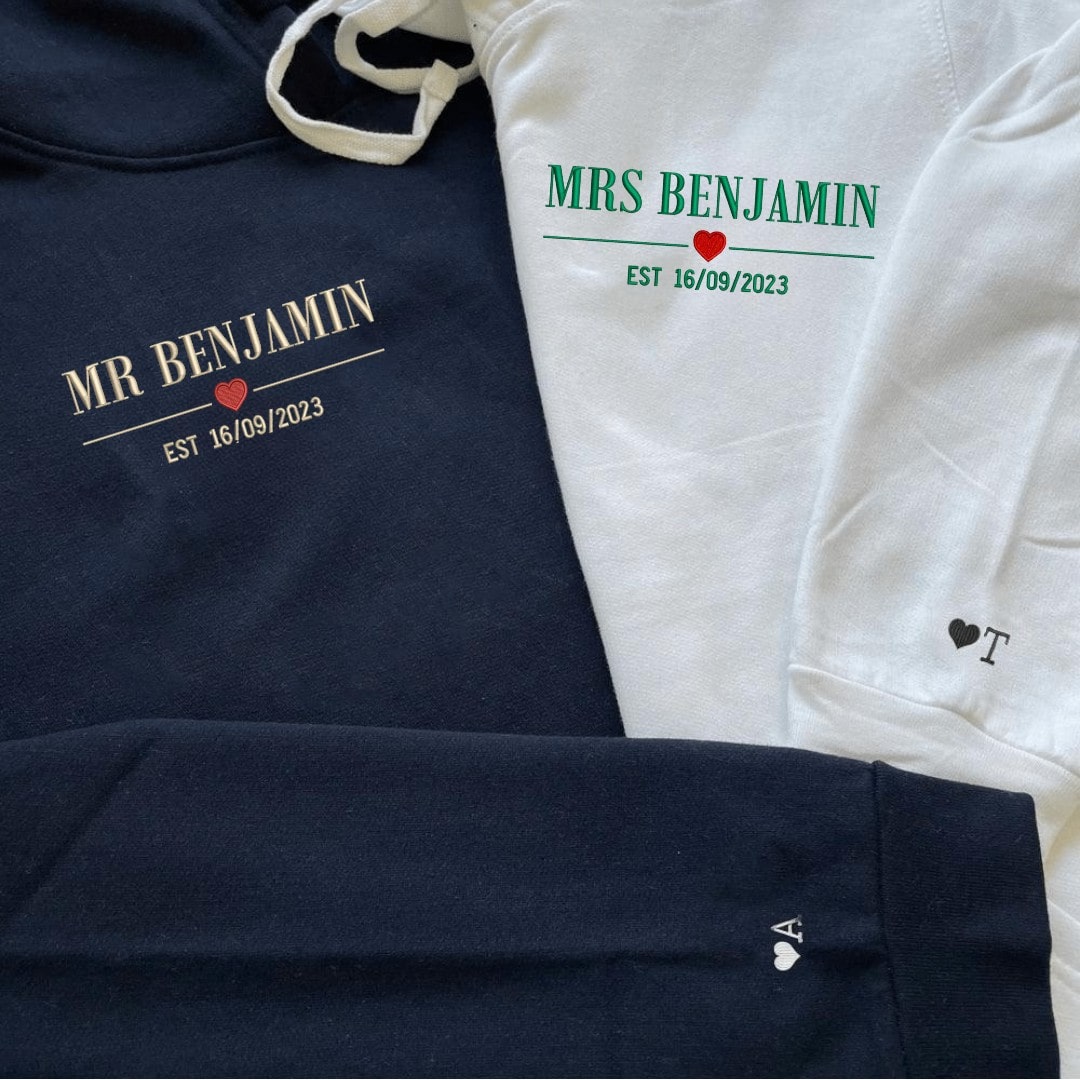 Close-up of stylish embroidered couple hoodies for special occasions