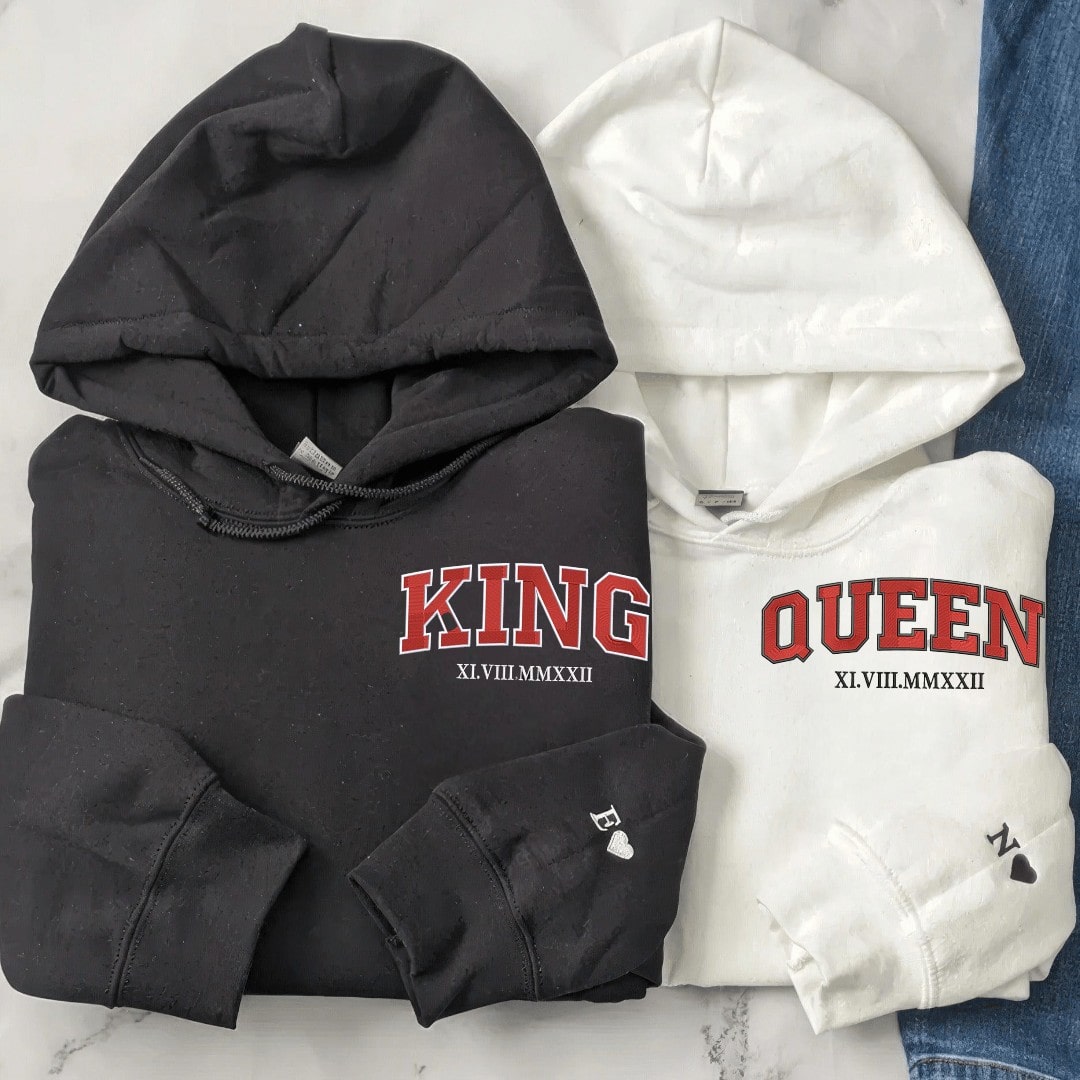 White and black "King and Queen" hoodies for couples celebrating love