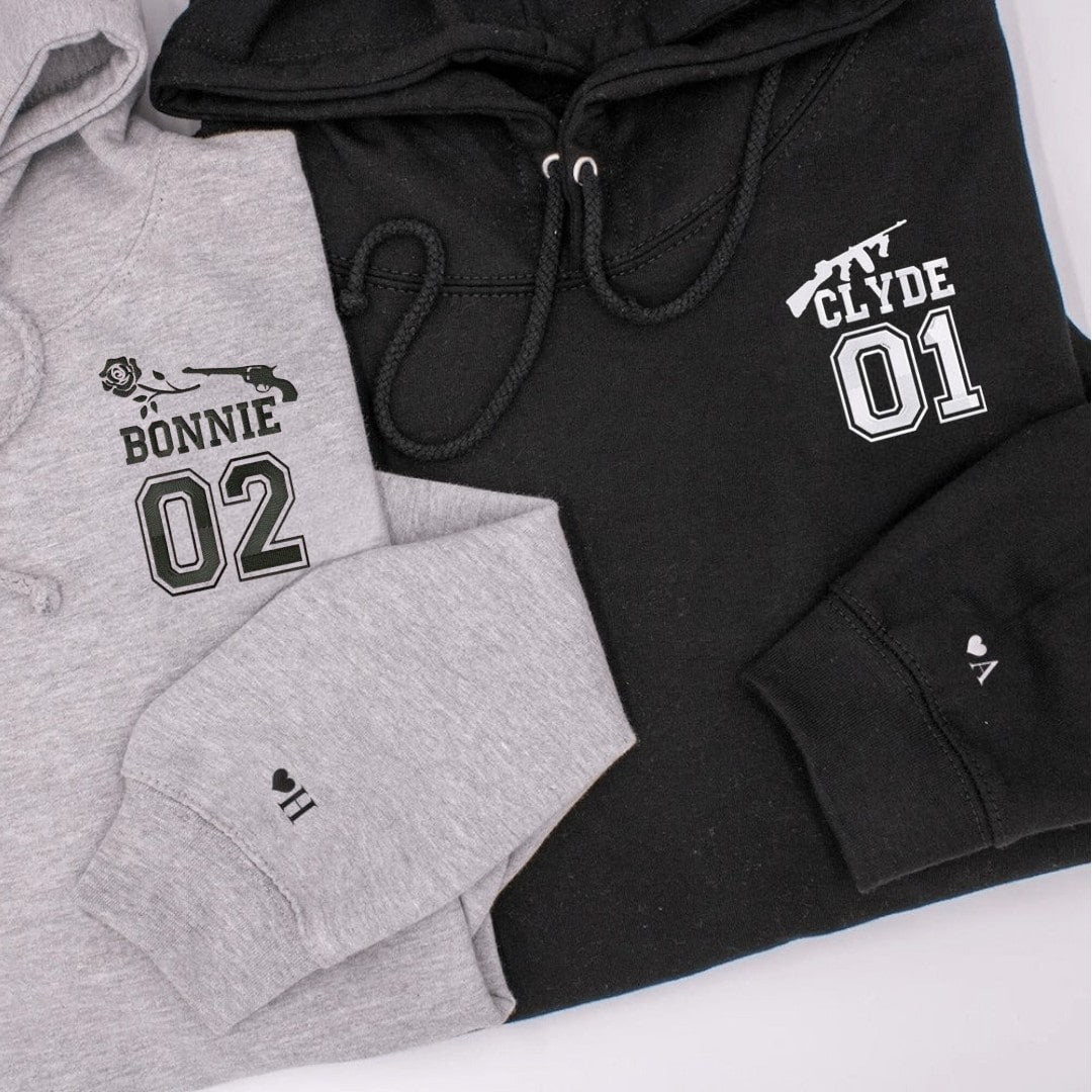 "Bonnie and Clyde" black and gray matching hoodies for couples