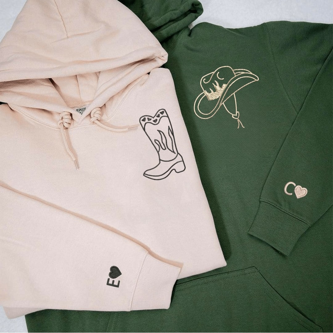 Beige and green personalized couple hoodies with initials and heart designs