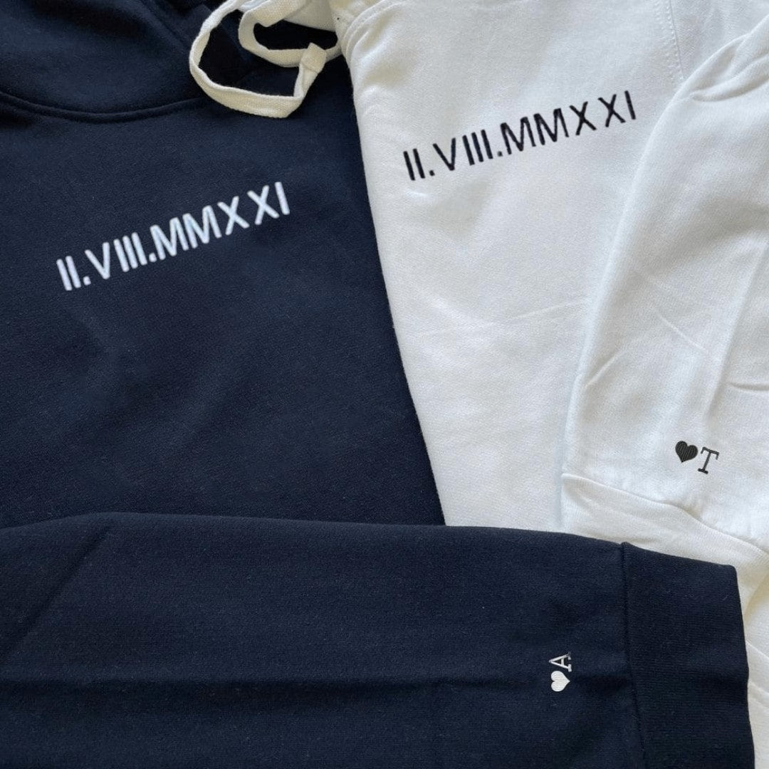 Navy blue and white "Anniversary Date Roman Numeral" matching hoodies