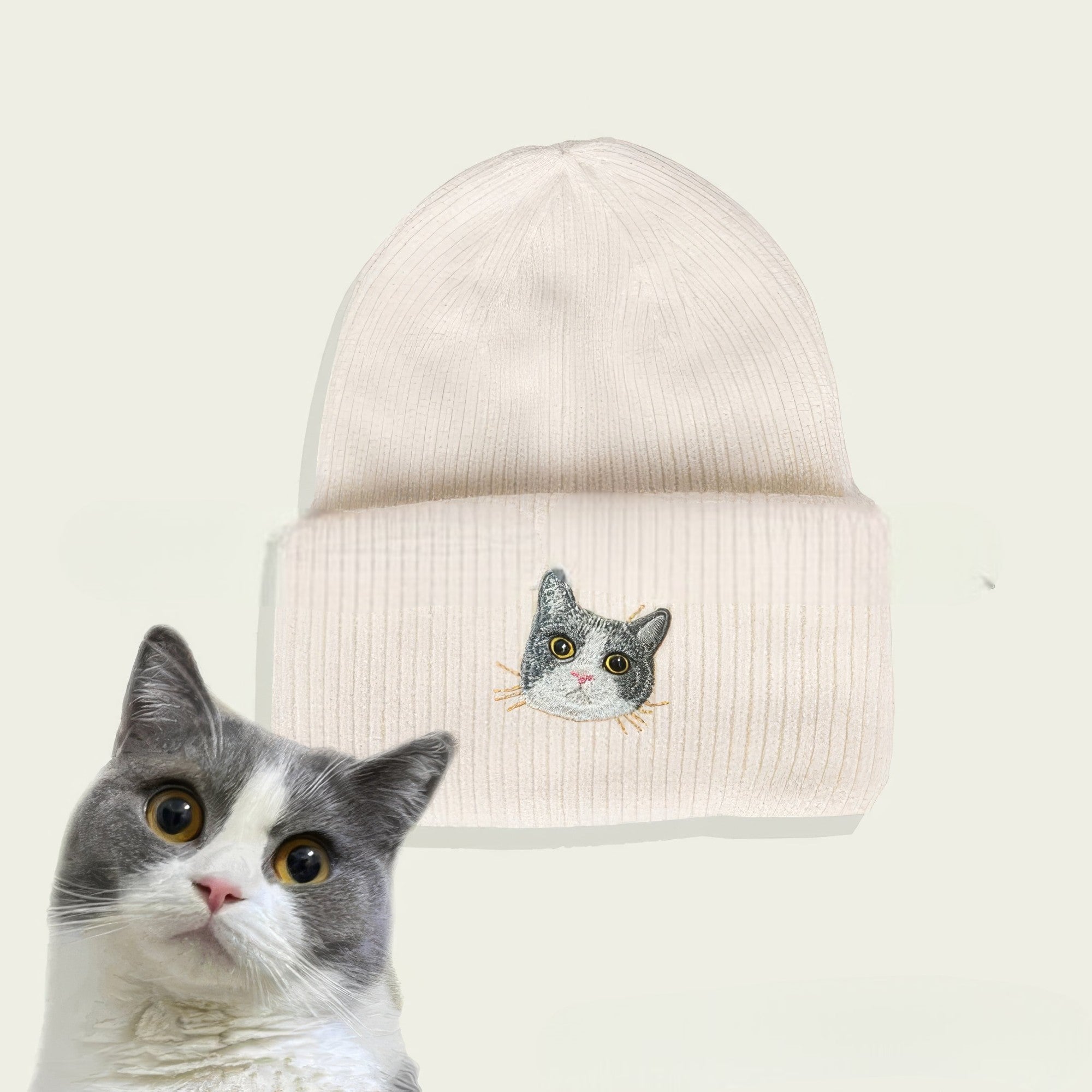 Custom pet portrait beanie hat with embroidered cat face