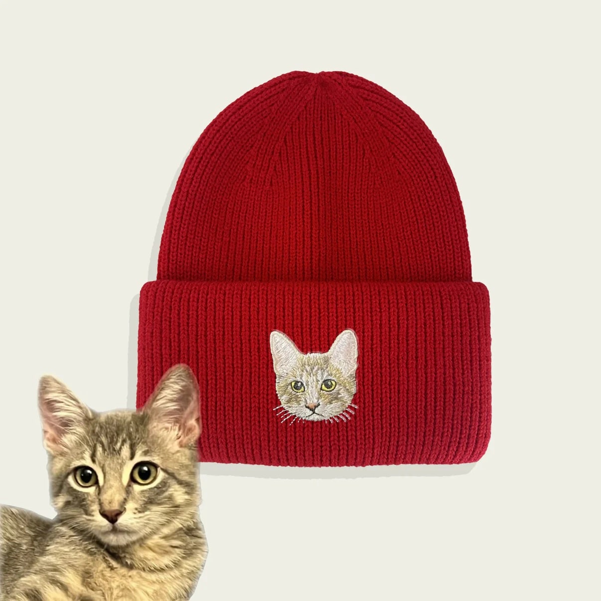 Custom embroidered beanie featuring a pet portrait