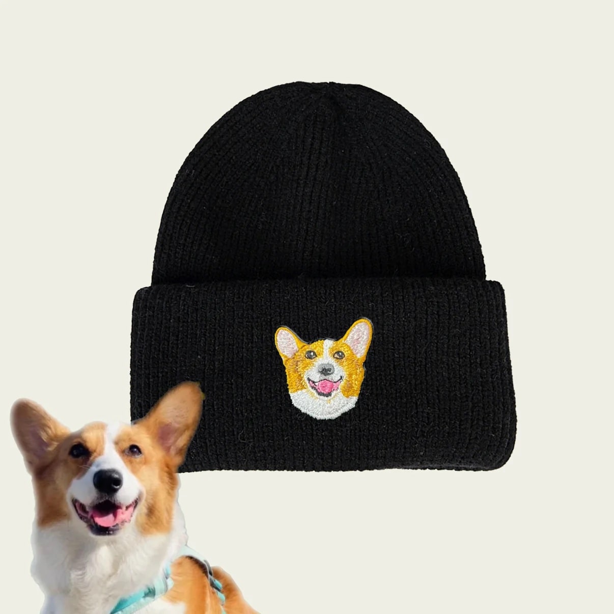 Embroidered winter hat showcasing a pet's face