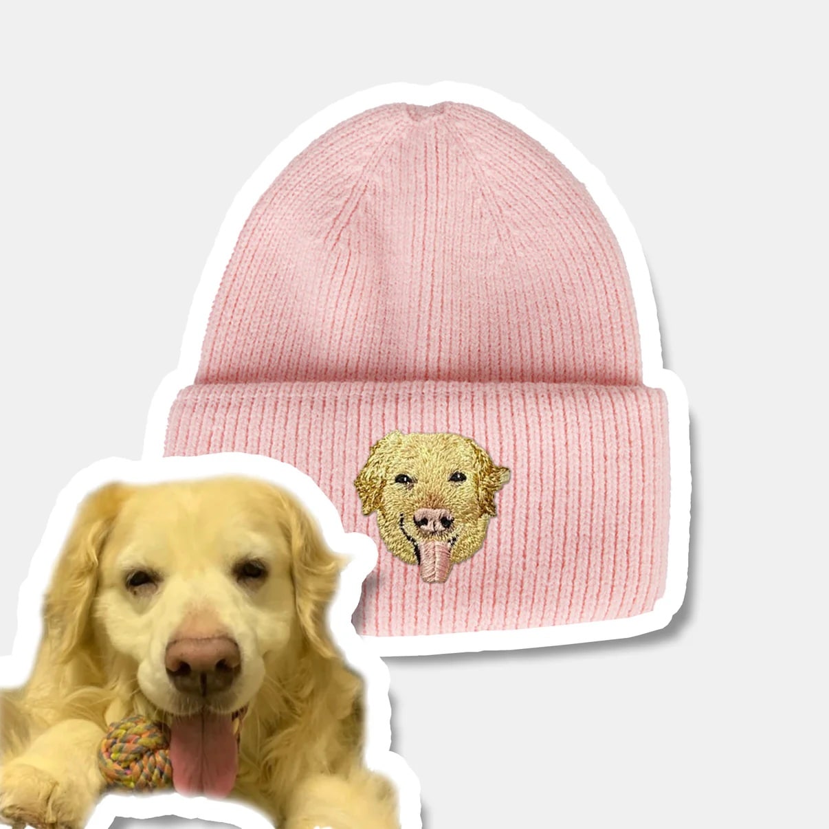 Pink beanie with custom embroidered dog portrait for pet lovers