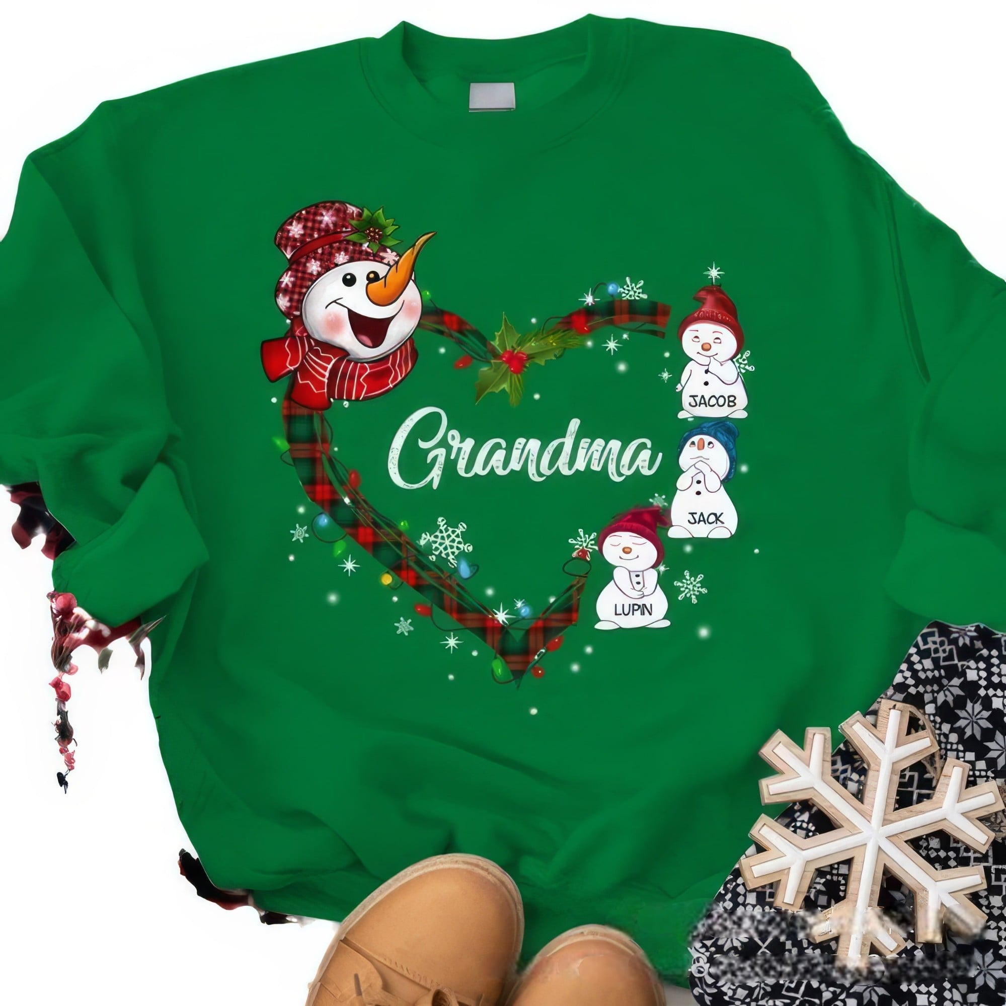 Green Grandma snowman Christmas sweatshirt with personalized family names