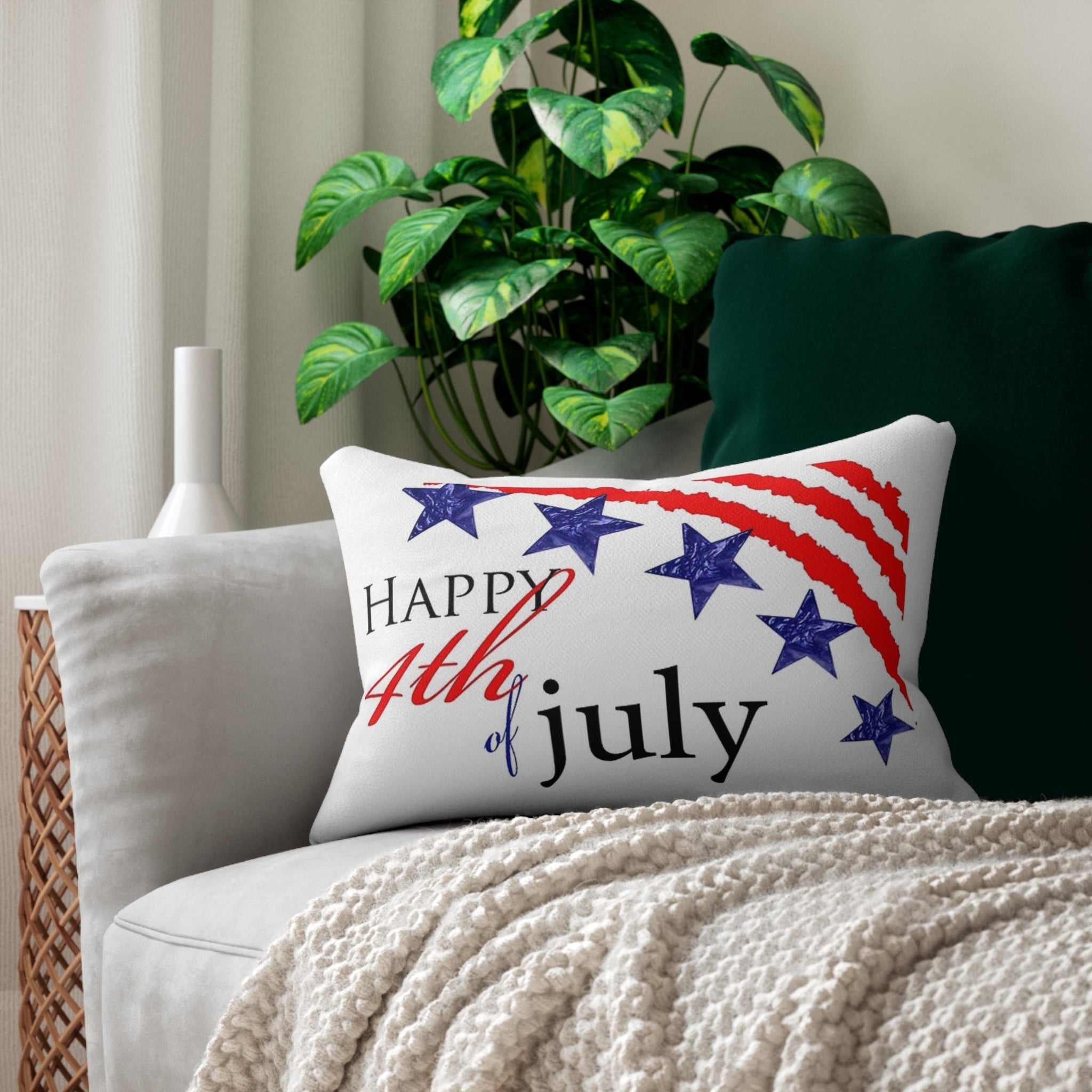 Happy 4th of July pillow with red, white, and blue stars and stripes.