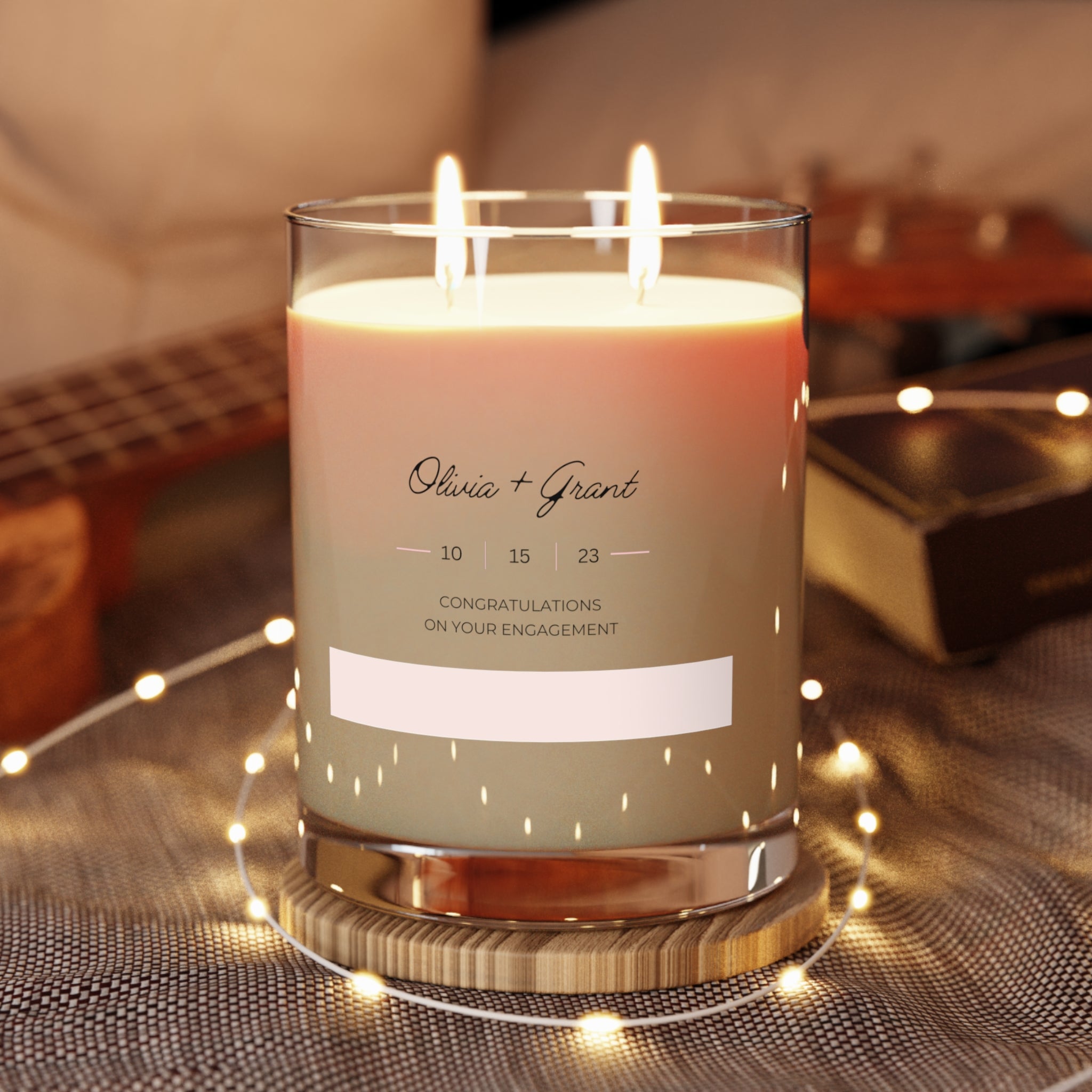 Personalized engagement candle with couple's names and date