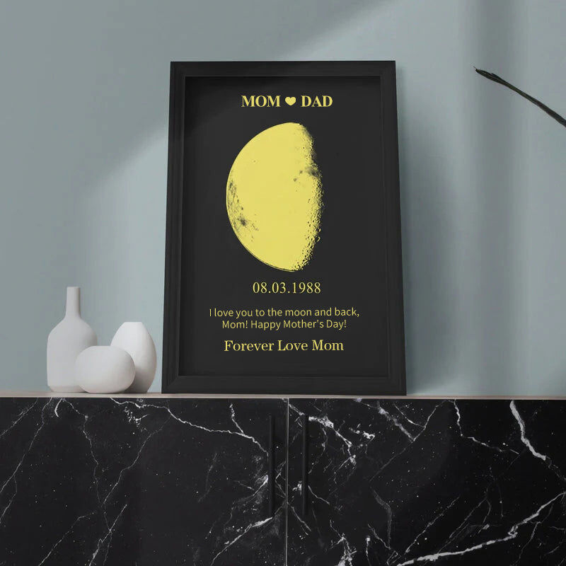 Unique moon phases photo frame showcasing a special date and personalized message - great for milestones