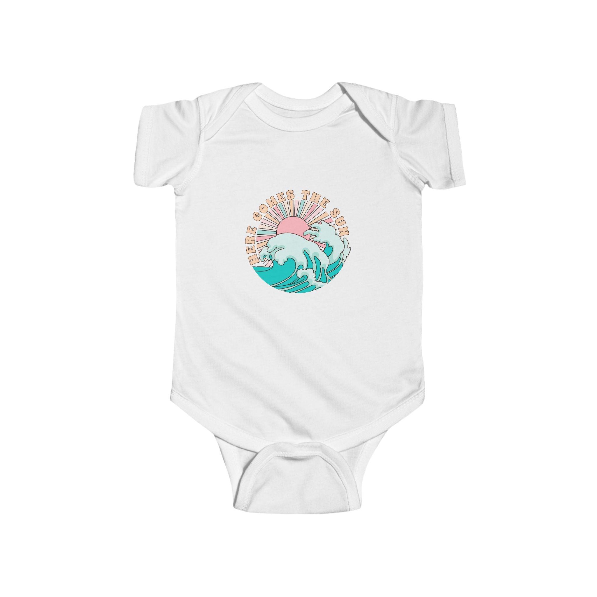 Gender-neutral baby bodysuit in pastel colors with beach theme