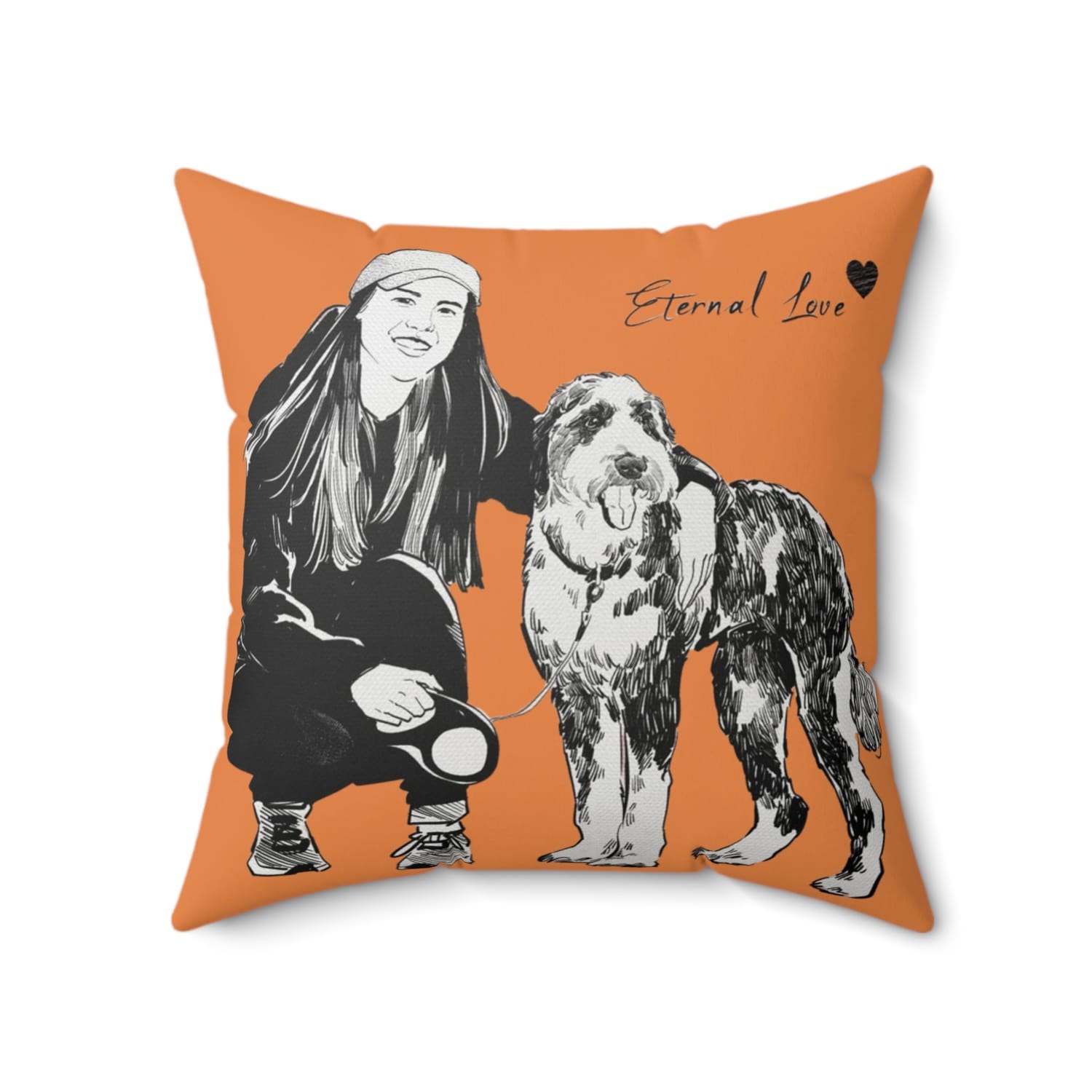 Custom orange pillow featuring pet and owner design
