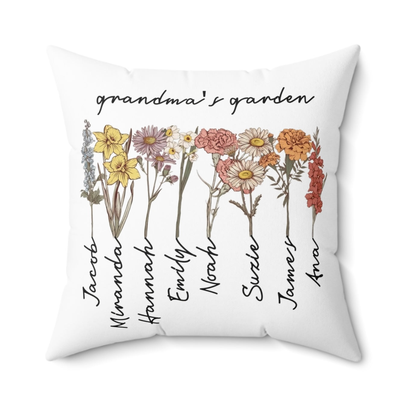 Personalized floral pillow with family names under flowers.