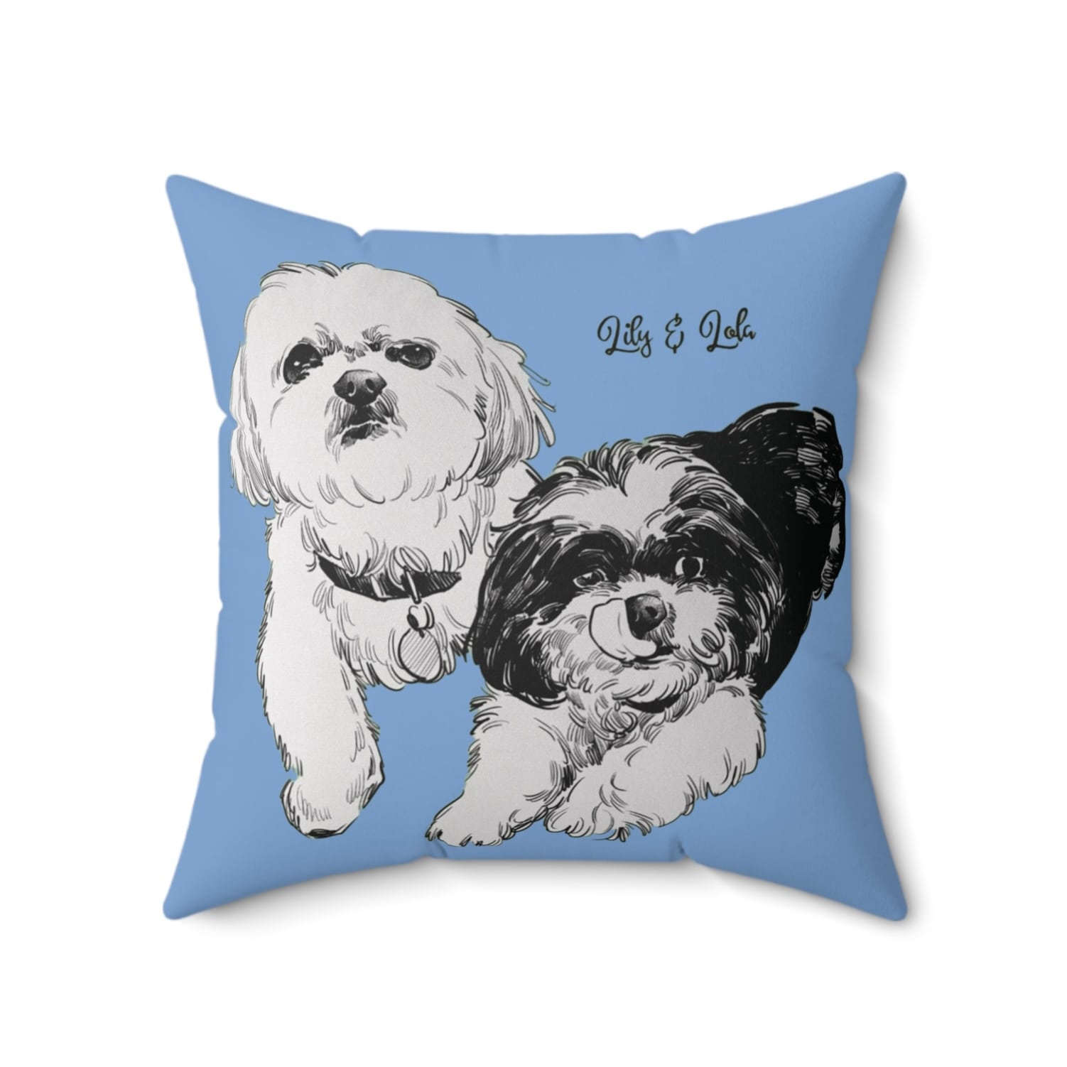 Blue pet pillow with two dogs Lily and Lola