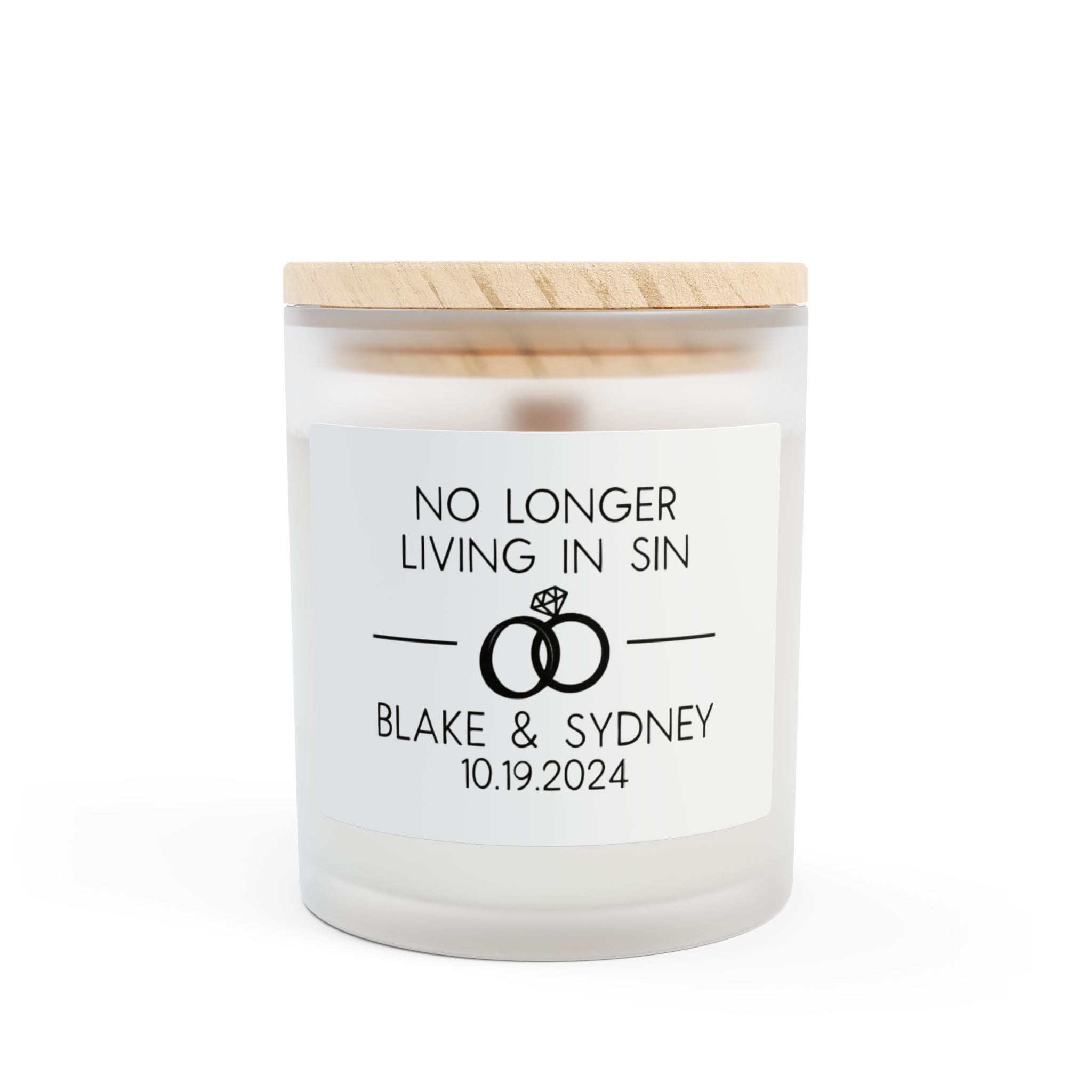 Personalized wedding candle with 'No Longer Living in Sin' message