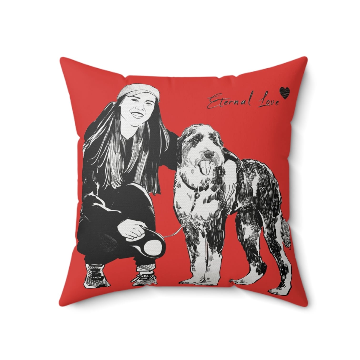 Red Eternal Love pet pillow with dog and owner illustration