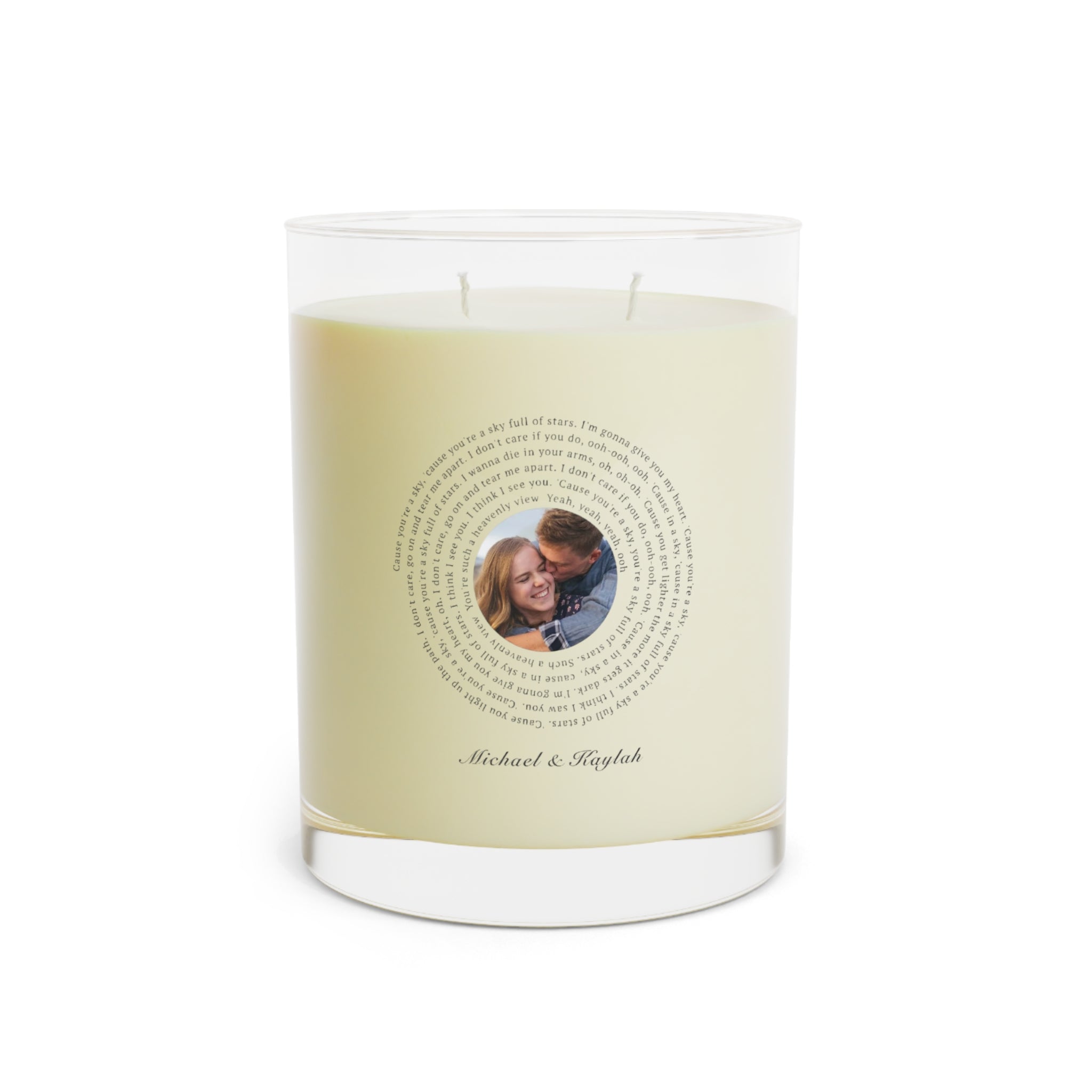 Custom 'Forever Yours' candle with photo and text for couples