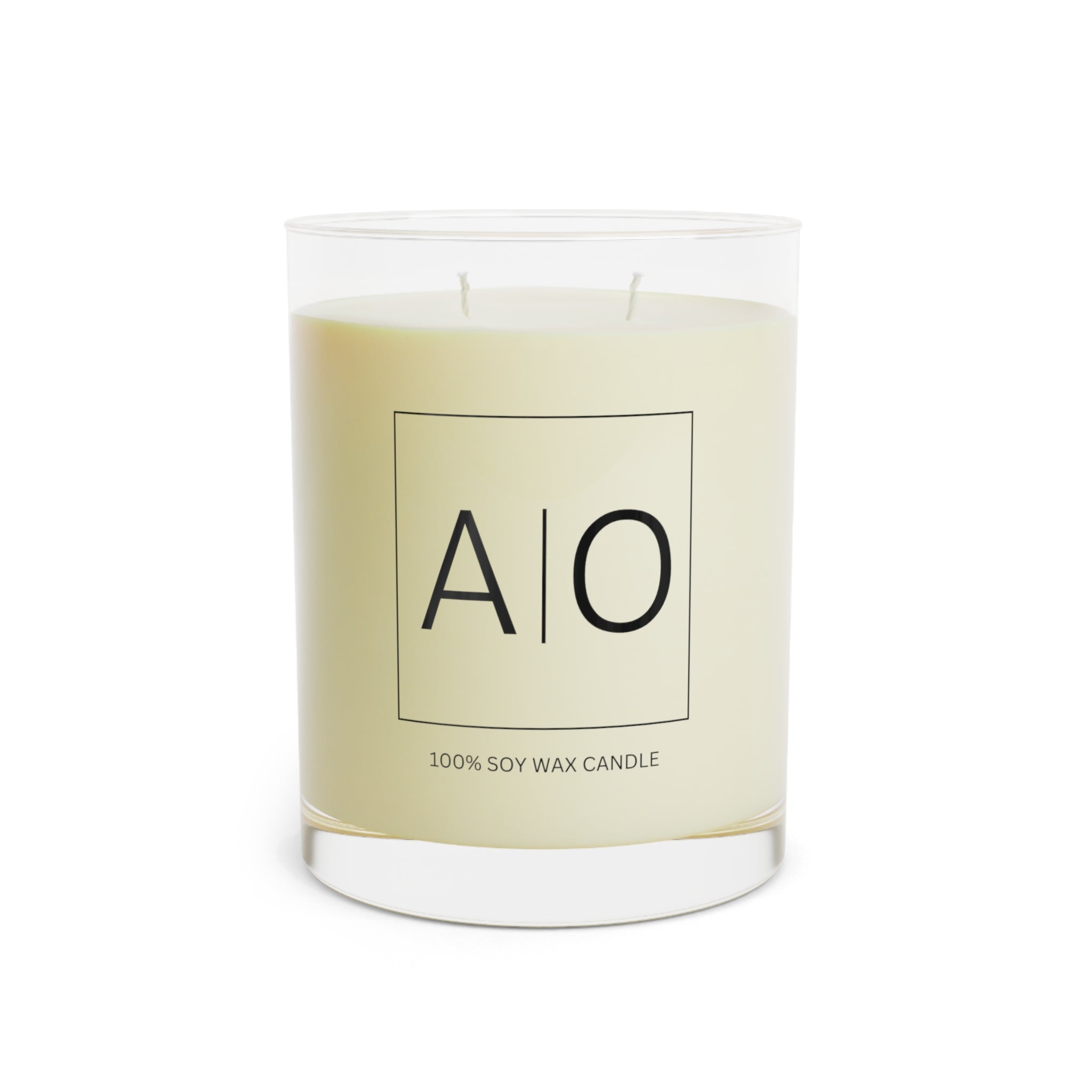 Eco-friendly 'A|O' soy wax candle on a wooden surface