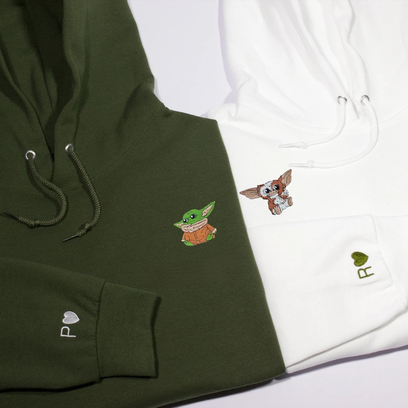 Matching Couple Hoodies featuring Baby Yoda and Gizmo, ideal for couples matching hoodies.
