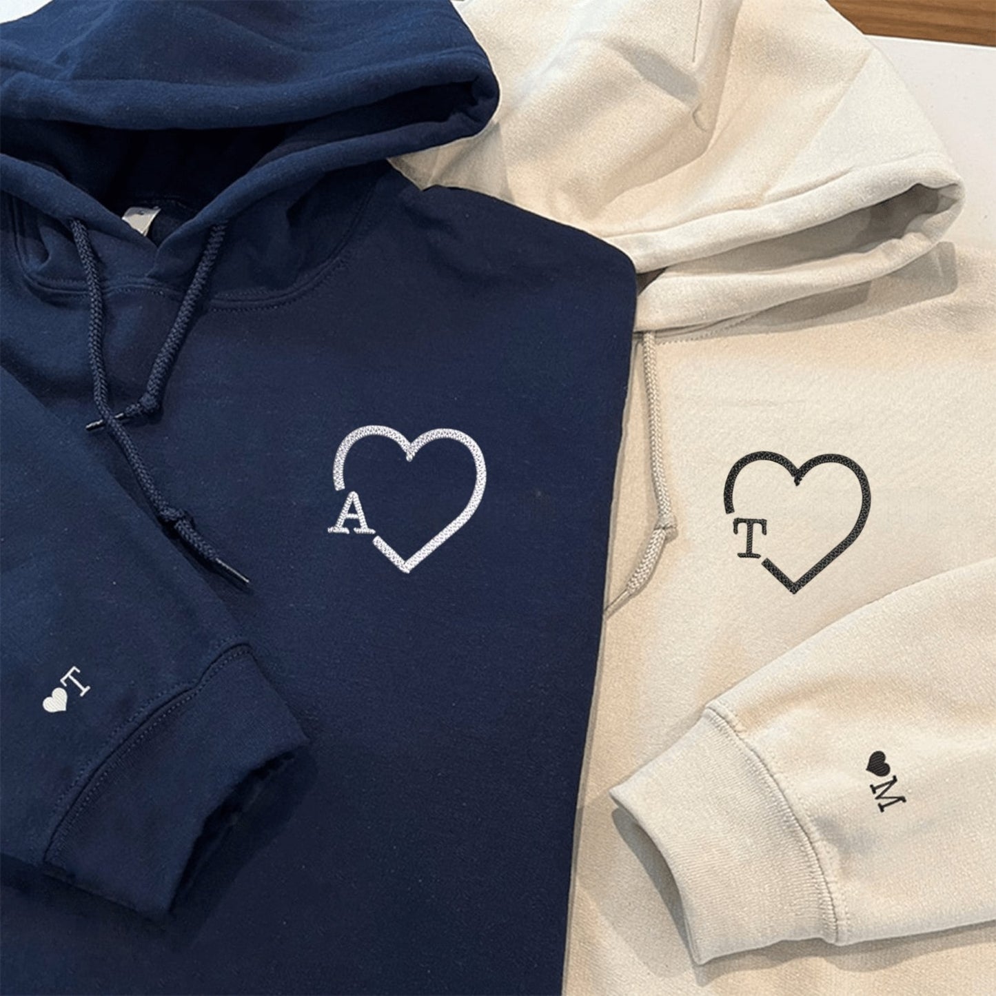 Matching Couple Hoodies featuring heart initials, perfect for matching couple sweatshirts.
