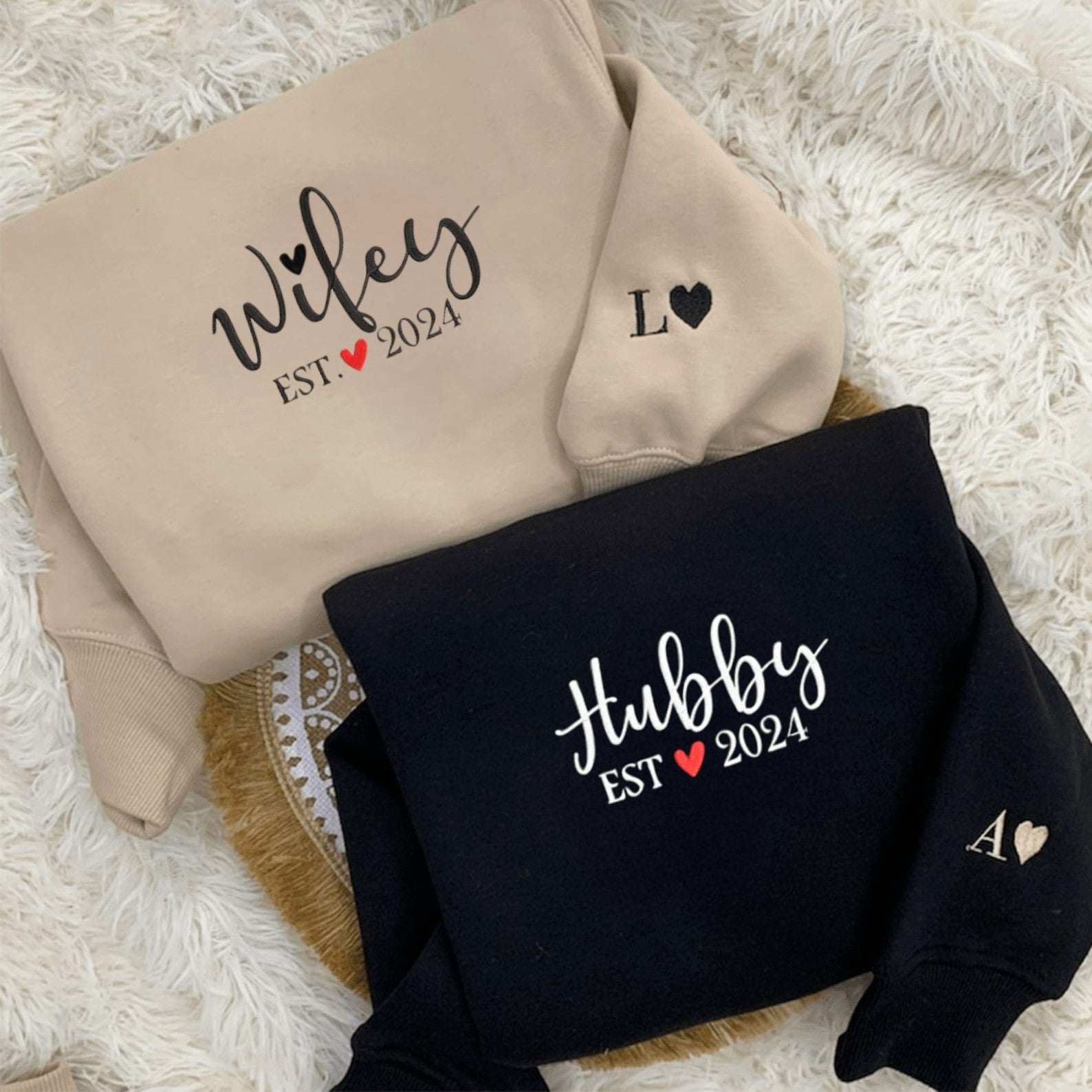 Matching Couple Hoodies featuring couples matching hoodies with Wifey and Hubby designs.
