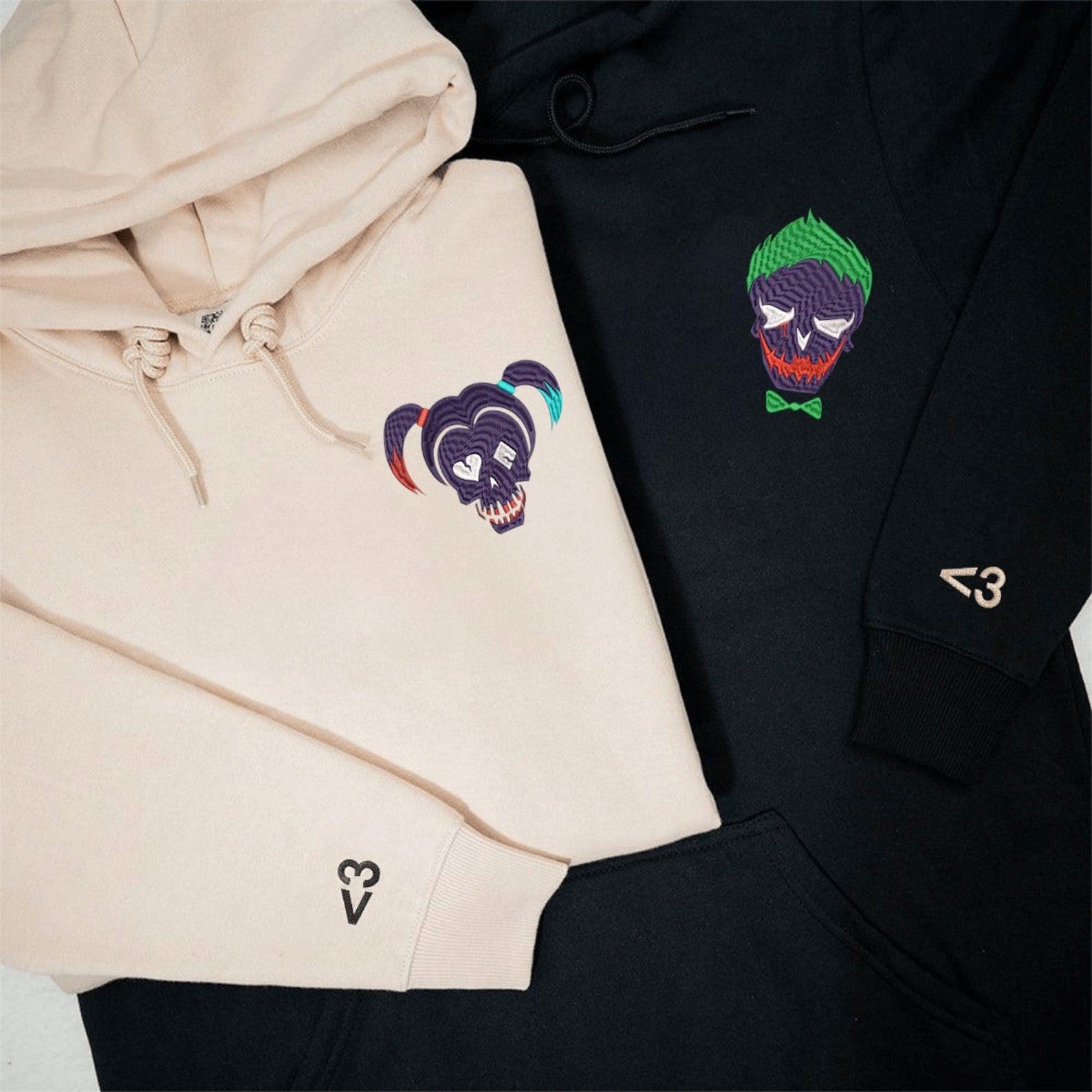 Matching Couple Hoodies featuring Joker and Harley Quinn skull-themed couples matching hoodies.
