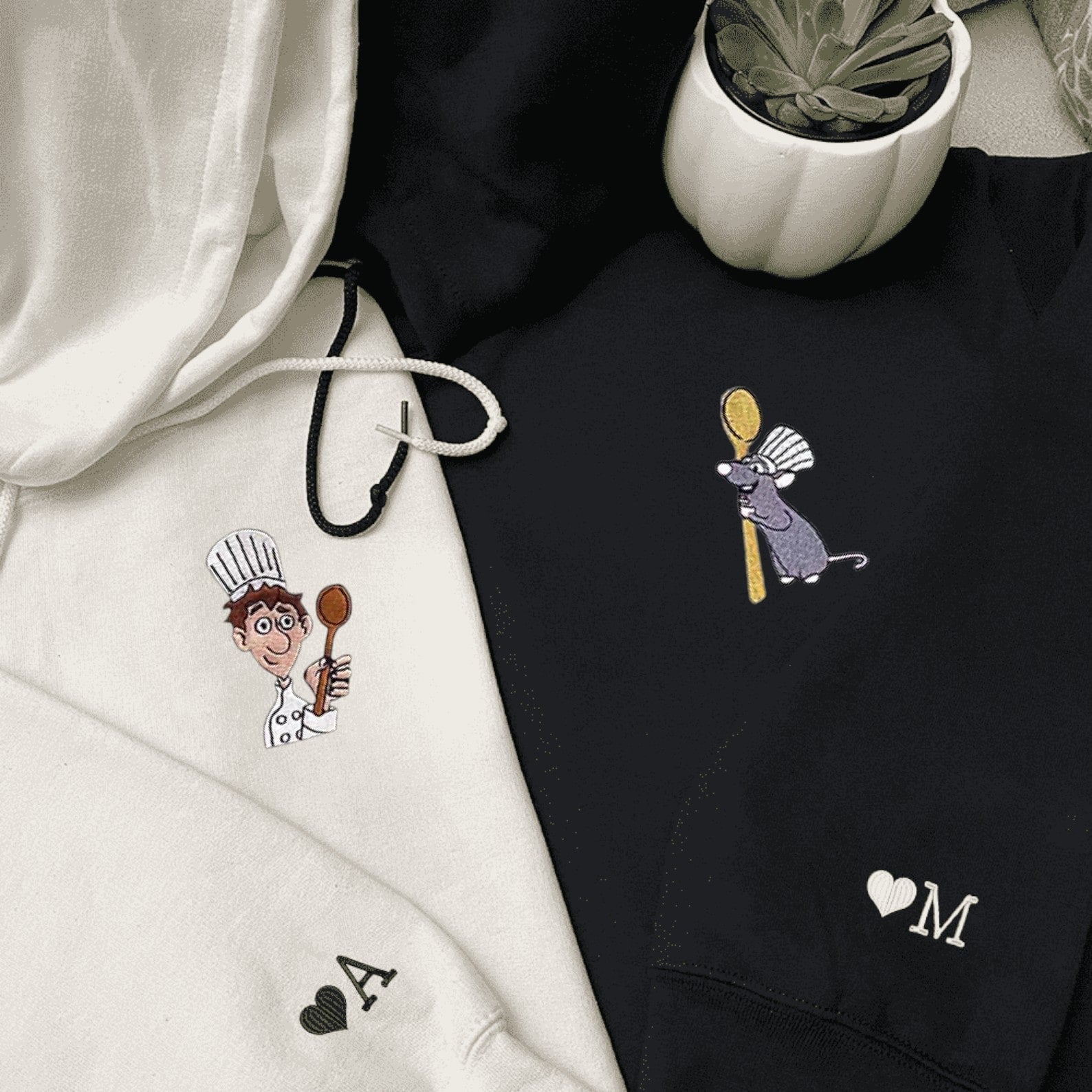 Matching Couple Hoodies featuring Ratatouille Remy and Linguini couples matching hoodies with cute chef designs.
