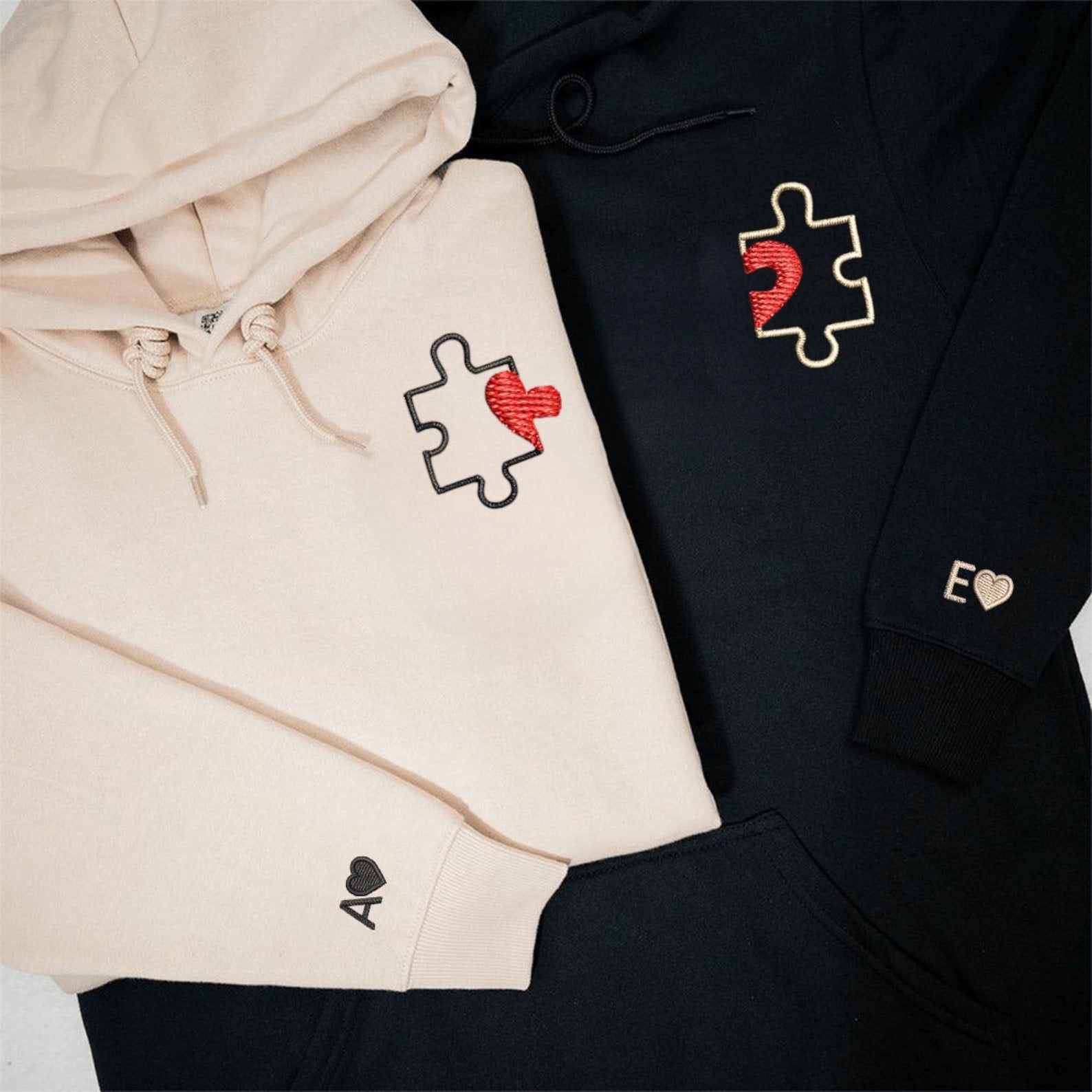 Matching Couple Hoodies styled as matching couple sweatshirts with a unique puzzle piece print.
