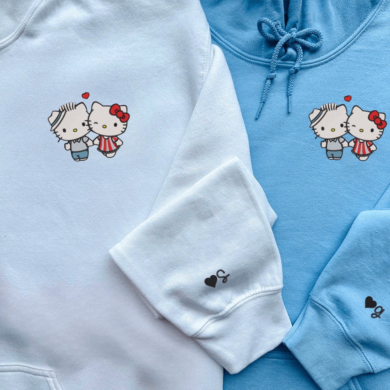 Matching Couple Hoodies styled as matching couple sweatshirts with adorable Hello Kitty and Dear Daniel prints.
